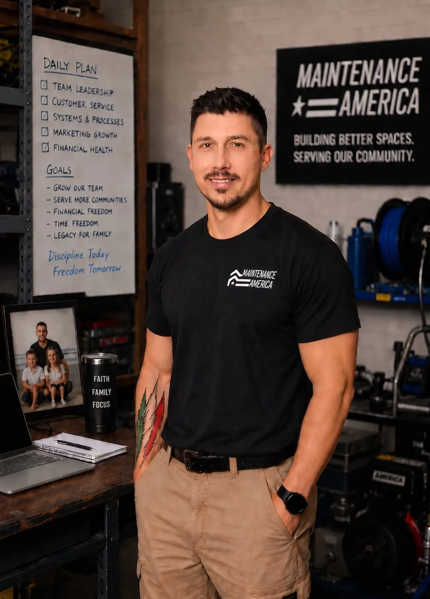 Tony Cuomo, founder of Maintenance America, in the company workshop with its faith, honor, and ownership values board